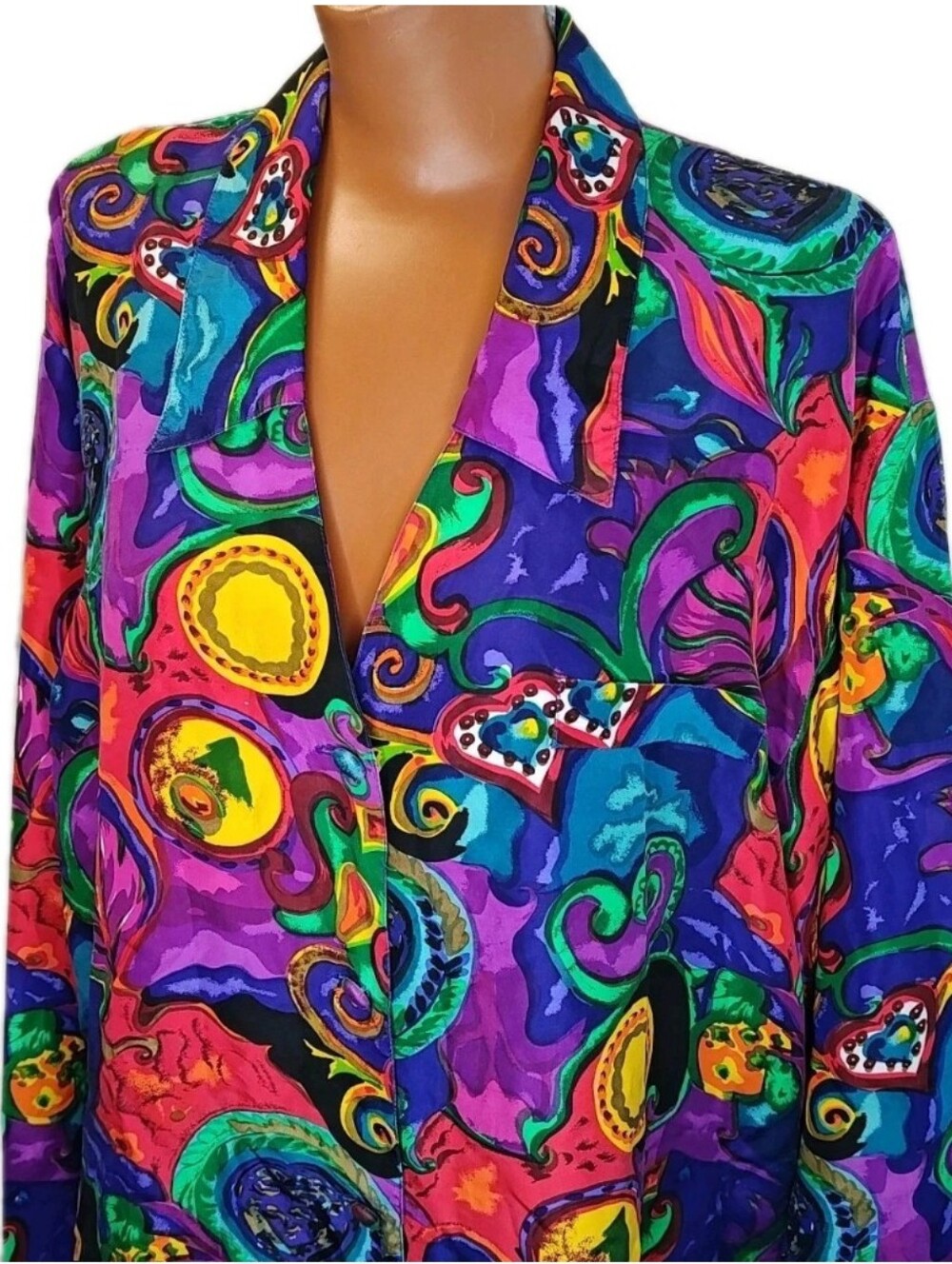 Vtg Rene Rofe Lingerie 100% Silk Kimono Sleep Tunic Shirt Sz Lg Paisley Button